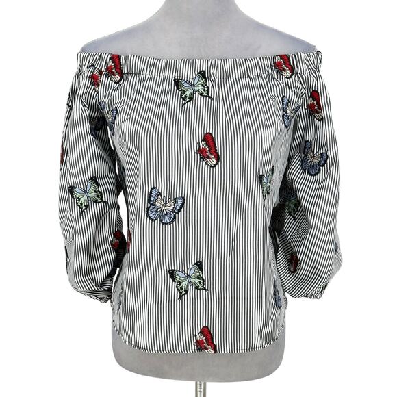 Zara Tops - Zara Top Womens XS White Gray Stripe Blouse Embroidered Butterflies Whimsy Boho